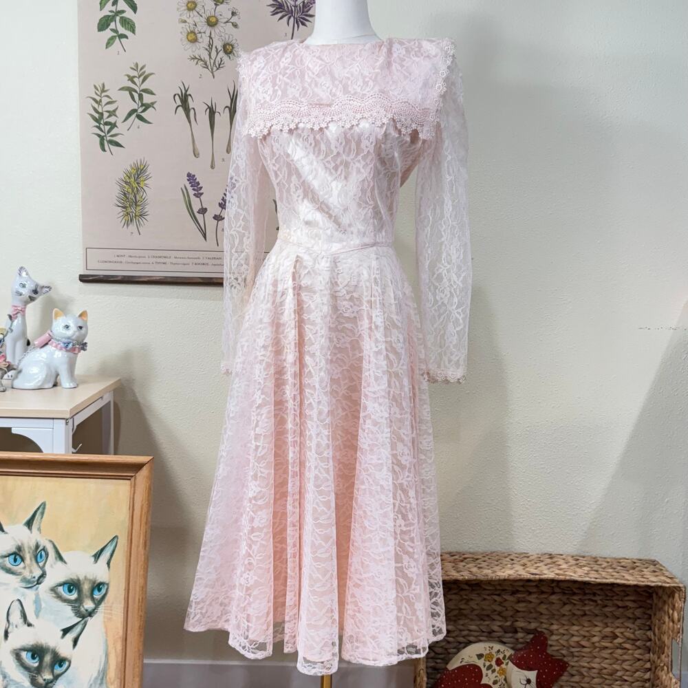 Vintage 70s Pink Lace Collared Dress Romantic Coquette Garden Party Rococo S